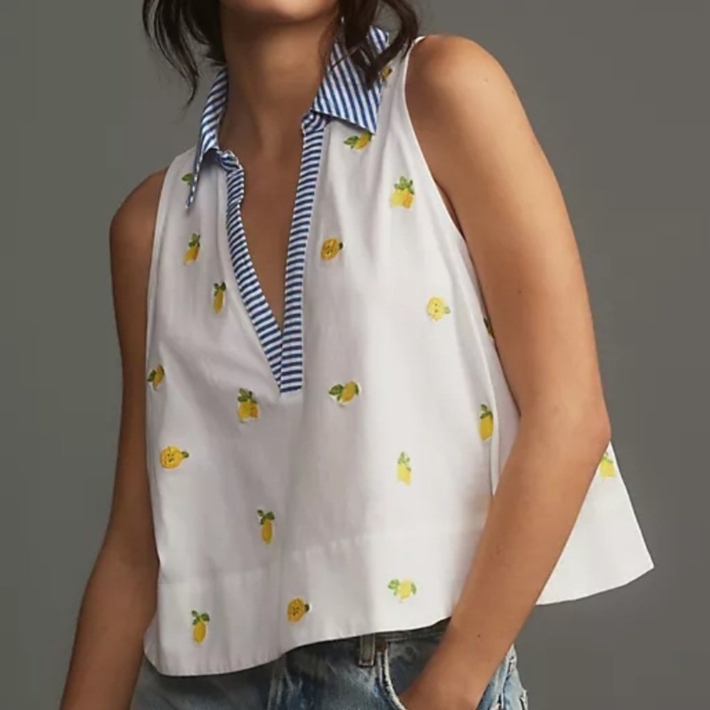 Maeve Anthropologie Sleeveless Swing Popover Top White Lemon Embroidered Small